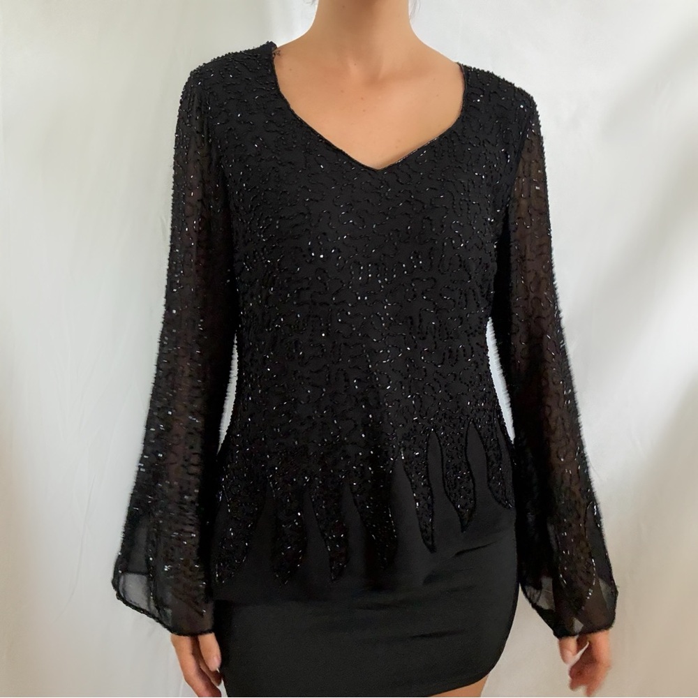 Vintage 90s black beaded whimsygoth long sleeve blouse top evening JKARA large